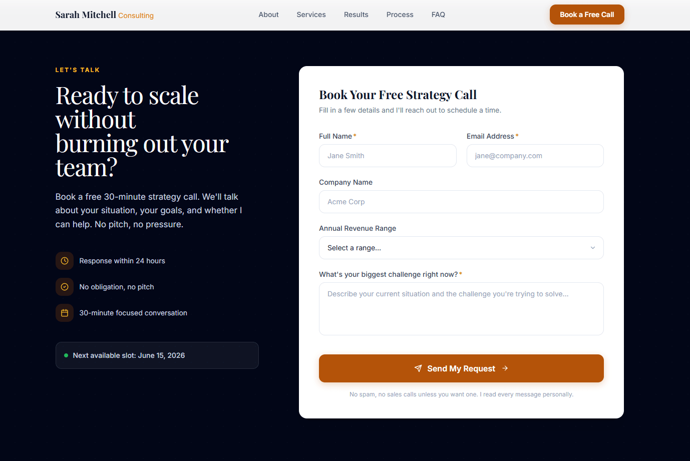 Professional Consulting Website — Booking form