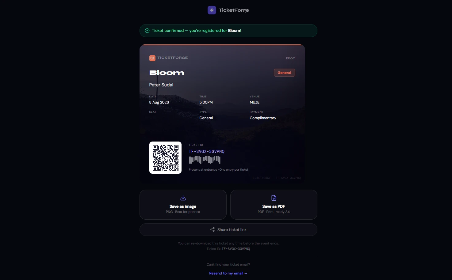TicketForge · QR ticket
