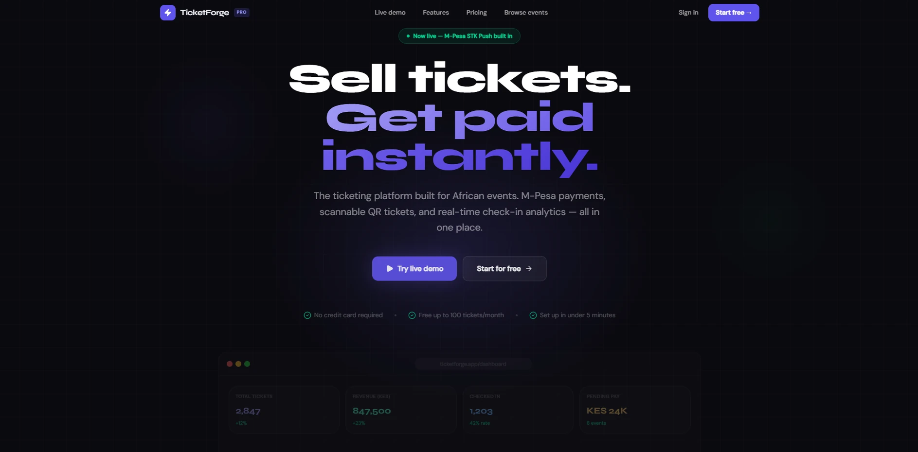 TicketForge, Landing page